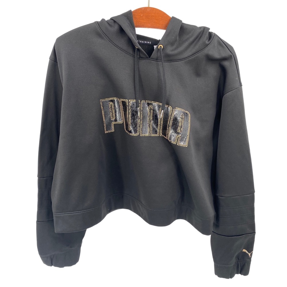 Puma Training‎ Hoodie Womens 1X Black Gold Logo Cropped Pullover Sweatshirt